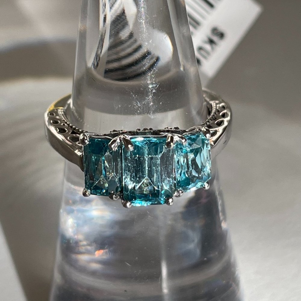 Genuine Cambodian Blue Zircon and Natural White Zircon Ring -- Size 5